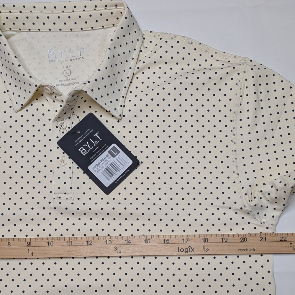 BYLT Drop-Cut LUX Dotted Polo Men's L Bone Navy Polka Dot Shirt NWT - Picture 4 of 6